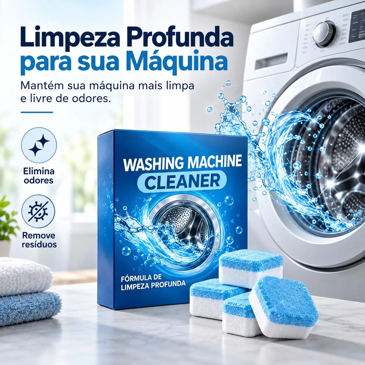 Pastilha Limpa Máquina de Lavar Efervescente – Limpeza Profunda e Remove Resíduos e Odores