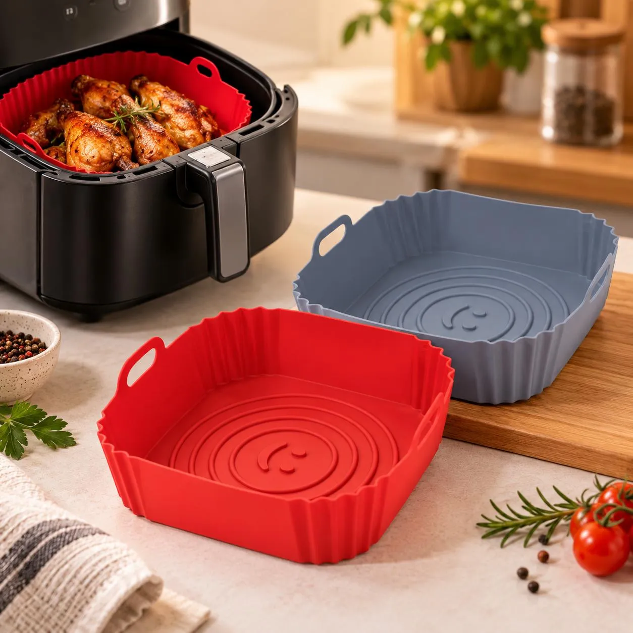 1/2/3 Formas de Silicone Quadrada 16x16cm Assadeira Air Fryer e Forno Forma para Fritadeira Elétrica com Alça